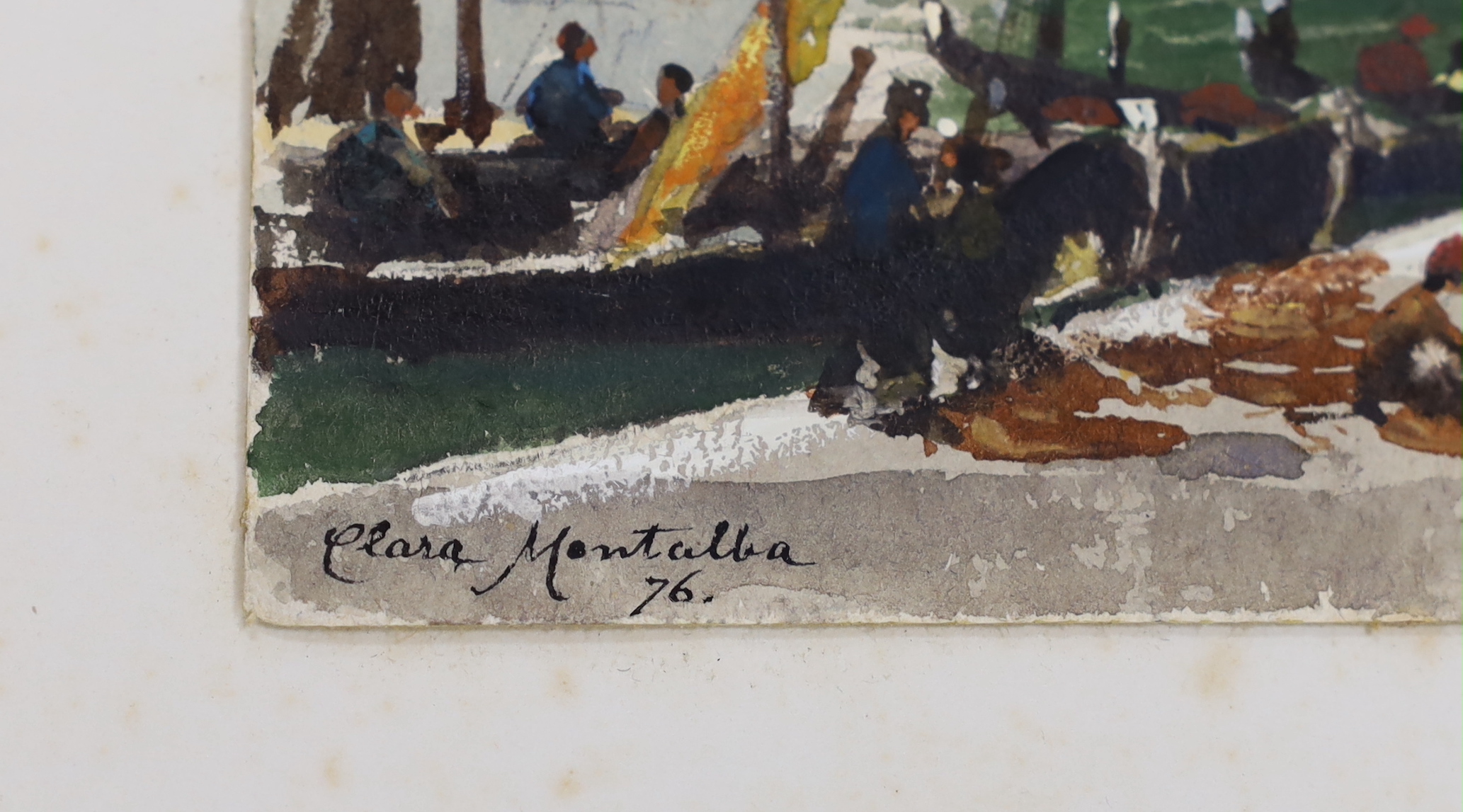 Clara Montalba RWS (1840-1929) watercolour and gouache, Dutch barges, signed and dated '76, unframed, 23 x 11cm